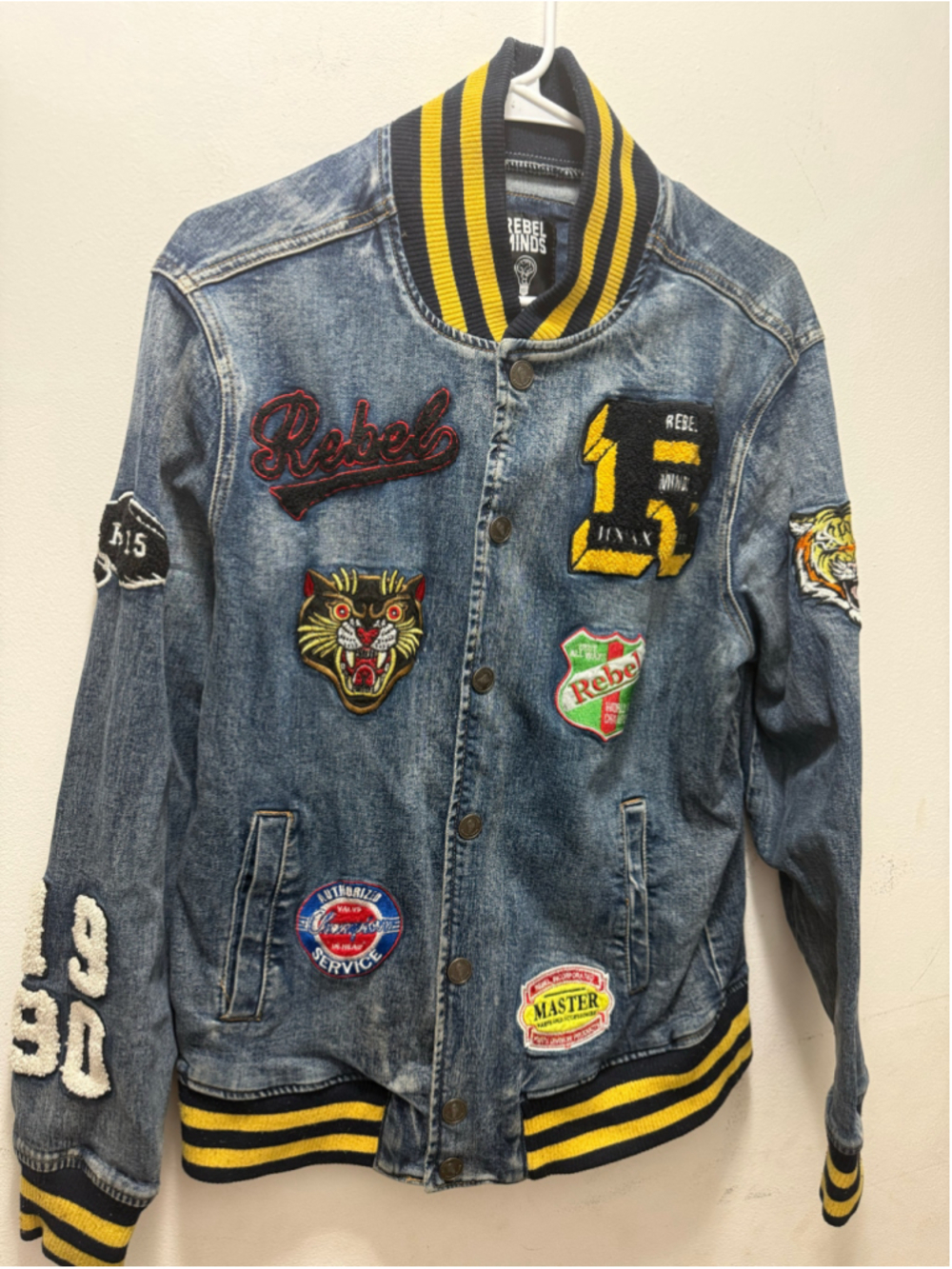 Men's REBEL MINDS Blue Denim Bomber Jacket M with Yellow Stripes